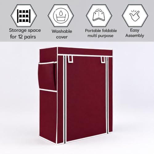 Image of 4 Layer Shoe Rack Plastic with Maroon Cover | Multipurpose Plastic Shoe Rack for Home | Space Saving Foldable Shoe Stand | Storage Rack for Home, Bedroom & Entryway