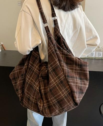 Large Canvas Tote Bag Plaid Shoulder Purse Work Travel Handbags and Purses Casual Underarm Hobo Bag Retro Handbag for Women4