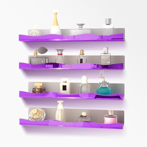 YMVV Lot de 4 grandes étagères flottantes en acrylique réfléchissant violet de 40 cm, étagère de rangement pour parfums, salle de bain, rangement de jouets,...