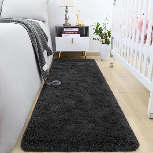 HOMORE 2x6 Runner Rugs for Bedroom, Dark Gray Runner Rug for Hallway Entryway Laundry, Modern Shag Bedroom Runner Cute Carpets for Kids Dorm Bedside