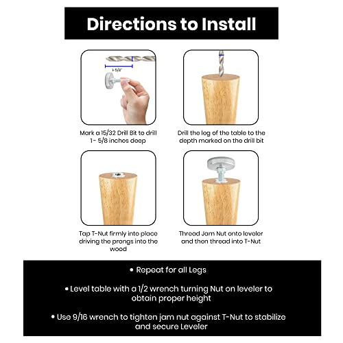 Impromech Heavy-Duty Non-Skid Leg Leveller Tables & Chairs Leveling Feet|Height Adjustable Jam Nuts & 4 Prong T-Nuts|1-11/16 Inch Non-Skid Based Table Legs & 3/8-16 Thread Length-(Set Of 4) #TOP3