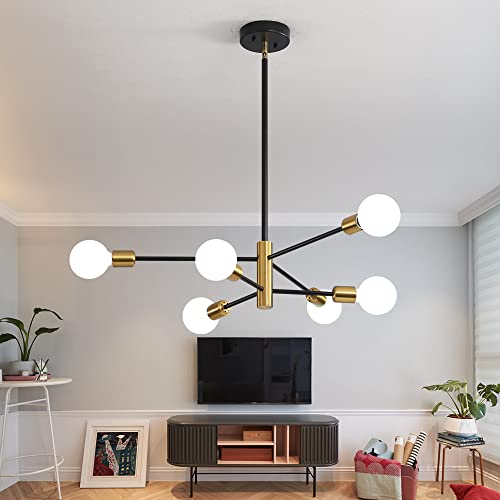 Deyidn Modern Chandelier Sputnik Light Fixture Black Gold Mid Century Chandelier 6 Lights for Dining Room Kitchen Bedroom Living Room