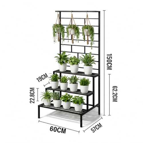Image of Robustt 4 Tier Metal Plant Stand with Trellis & Hanging Rod | Black | 157 x 60 CM |(Pack of 2) Heavy Duty, Rust-Resistant Plant Rack for Indoor Living Room & Outdoor Balcony