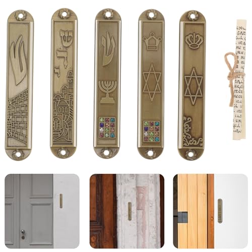Kichvoe Mezuzá de metal com rolagem 5 peças vintage porta religiosa mezuza Jerusalém Shema bênção ju