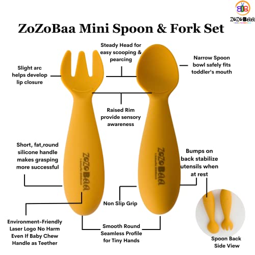 Image of Silicone Baby Bib with Spoon and Fork Set | Waterproof Adjustable Bib & First Stage Feeding Utensils for Infants & Toddlers | Soft Silicone Spoon for Baby 6 Months+, 1 Set, Mango Yellow