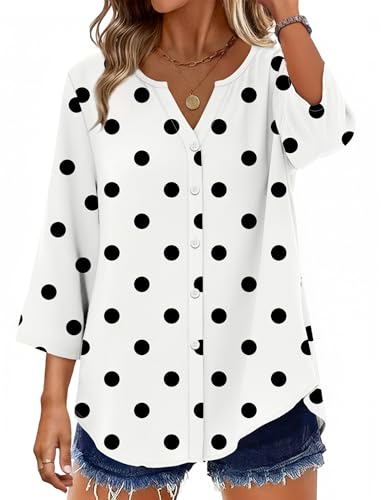 Image of OFEEFAN Button Down Shirts for Women 3 /4 Length Sleeve Tops V Neck Blouses Business Casual Outfits Loose Fit