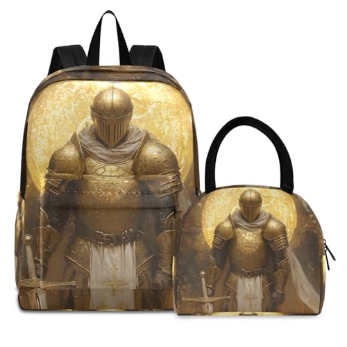 Backpack Lunch Bag Set Golden Knight Print, Big Storage Travel Backpacks with Insulated Lunch Box for Office Hiking Picnic