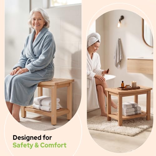 Image of Psilvam 21 inch Poly Lumber Shower Bench Seat, Waterproof Shower Stool, Teak