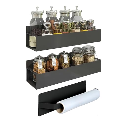 NAYIV マグネット 調味料ラック 冷蔵庫側収納 ブラックカーボンスチール 耐荷重10.8kg ワイド奥行デザイン ポータブル 取り外し可能 さびにくい キッチン ベッドルーム バスルーム収納 スパイスラック3段式 (ブラック)