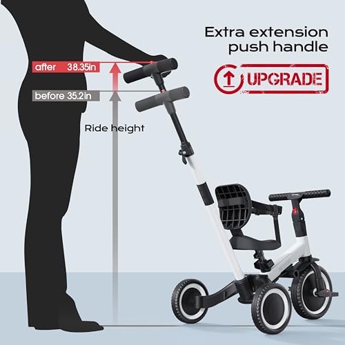Image of newyoo Toddler Bike, 4 in 1 Tricycles for 1,2,3 Year Olds, Balance Bike, Birthday Gift and Toy for Boys and Girls, Kids Tricycle with Parent Steering Push Handle, Removable Pedals, White, TR007