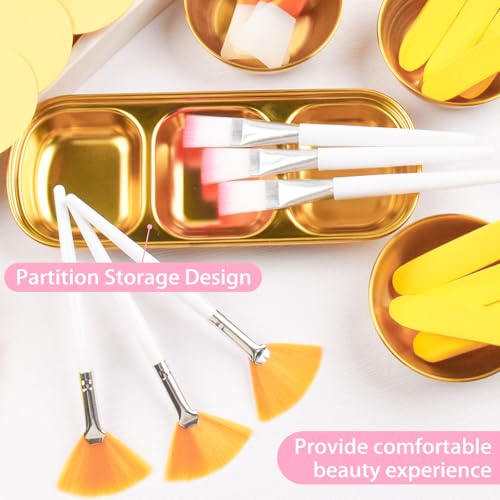 26Pcs Esthetician Supplies for Facials Set - 3 Stainless Steel Gold Mixing Bowls Gold Small Serving Tray 3 Compartment Serving Tray 3 Facial Fan Brushes 6 Face Mask Applicator Brush 12 Face Sponges — view 4