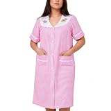 YafeMarte Women's Short Sleeve Woven Snap-Front Closure Striped Embroidery Housecoat Snap Front Dusters for Women Lounge Nightgown with Front Pockets, Pink 2XL