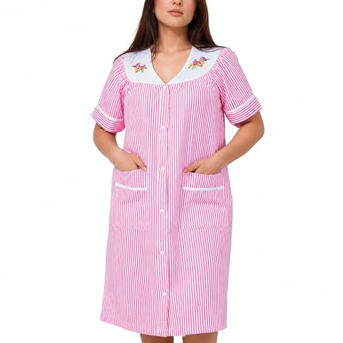 Image of Women's Short Sleeve Woven Snap-Front Closure Striped Embroidery Housecoat Duster Nightgown with Front Pockets