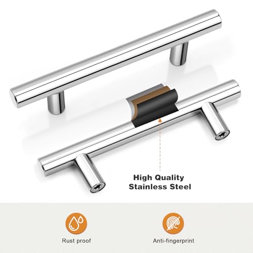 Image of Probrico 3.5 Inch Polished Chrome Cabinet Handles 15 Pack, 90mm Hole Centers T Bar Drawer Dresser Handle Pulls, Stainless Steel Modern Kitchen Cabinet Hardware
