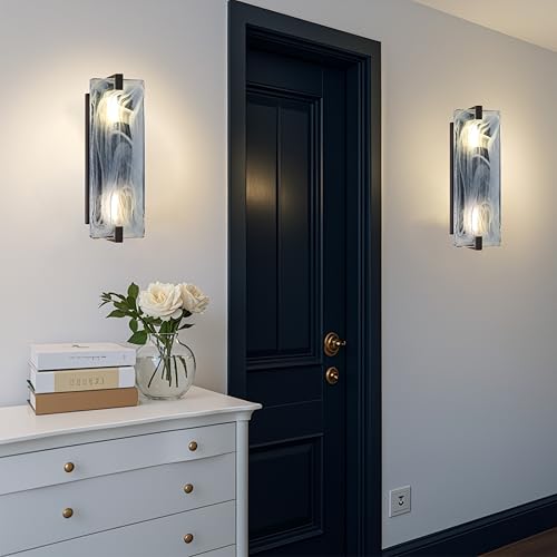 Image of 2 Pack 2 Light 15.7 inch Blue Frosted Glass Bathroom Wall Sconce Modern Concise Style Wall Light Fixture,Black Finish for Bedroom Hallway Bedside