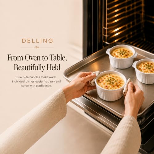 Delling Ramekins with Handle, 6 PACK Soup Bowls for French Onion Soup, Pot Pie, Lava Cakes, Creme Brulee, 12 Oz Porcelain Souffle Dish for Baking, White - Image 4