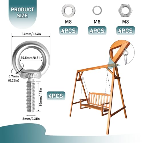 DesertBoy Ringschraube M8, 4 Stück 304 Edelstahl Augenschraube, M8 × 30 mm, Hardware Ringschrauben, Ring Augenbolzen Runde Ringbolzen, mit Unterlegscheiben, für Rolle Des Befestigens und Hängens