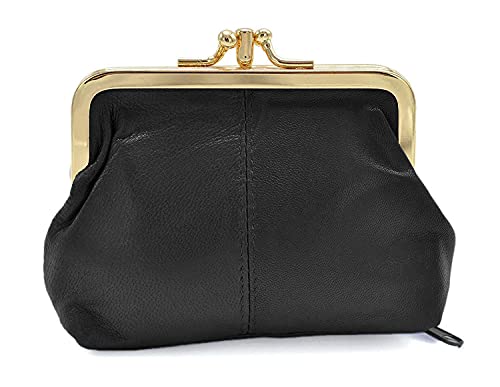 Charmoni - Portefeuille Porte Monnaie Femme - à Fermeture clic clac Fermoir - Poche zippée - en Cuir d'agneau (Noir)