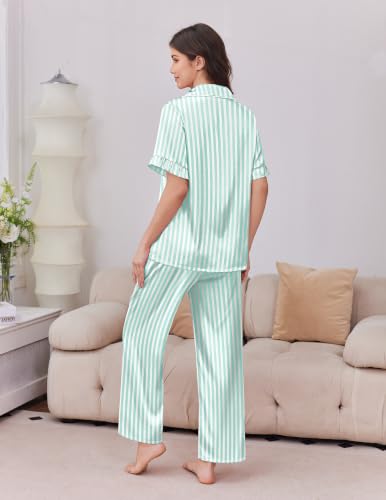 Image of Ekouaer Silk Satin Pajamas for Women Set 2 Piece Short Sleeve Button Up Pjs | Two Side Pockets,Soft Bridesmaid Lounge Set,Bridal Ruffle Sleepwear,Wedding Party,Honeymoon Vacation,Postpartum