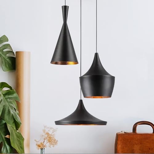 DarkVision Cluster of 3 Hanging Lights for Living Room, Hanging Lamps for Bedroom, Kitchen, Restaurant, Indoor Outdoor or Home Decoration, Metal Black (Cone, Tulip, Dholak Set, with Bulb)