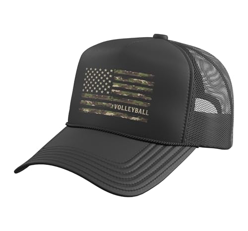 Camo Volleyball Camourflage USA Flag Player Coach Trucker Hat with Adjustable Mesh Back, Black