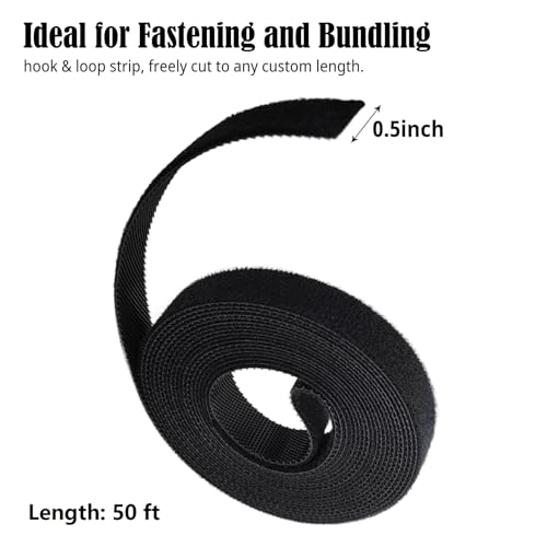 Image of Double-Sided Hook and Loop Straps, 1 /2 in x 50 ft Reusable Self-Gripping Straps, Hook and Loop Roll for Home Office (Black)