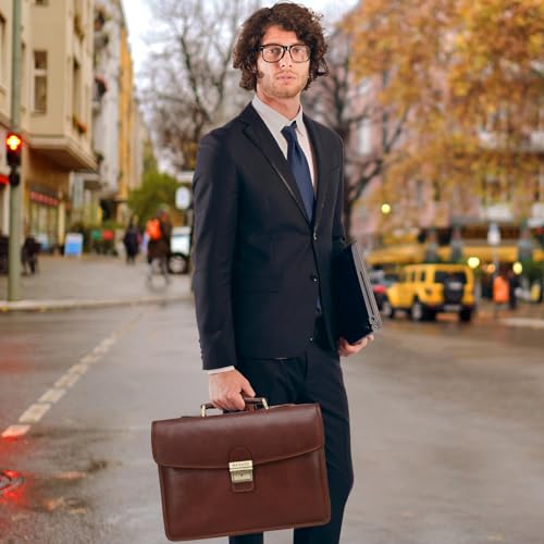 Banuce Slim Vintage Full Grain Italian Leather Briefcase for Men with Lock 14 Inch Laptop Bag Business Work Bags Attache Case Brown