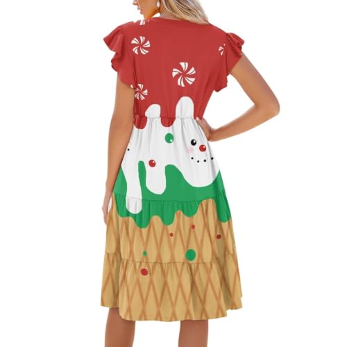 Image of Women's Casual Ruffle Sleeve Dress V Neck Pullover Dress Flowy A-Line Pleated Lightweight Dress with Pockets