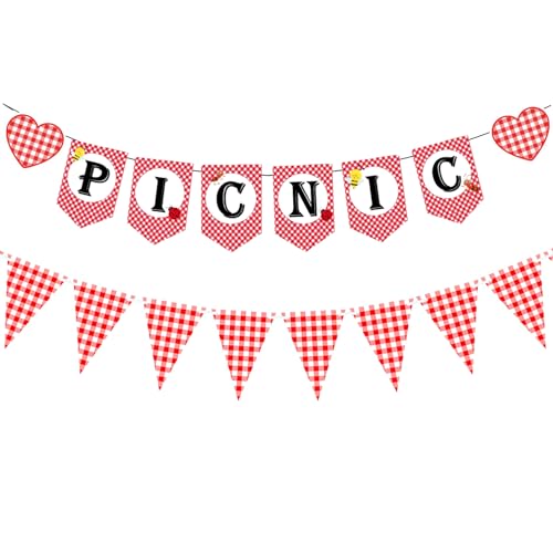 Picnic Themed Party Decorations,Red and White Checkered Gingham Banners for