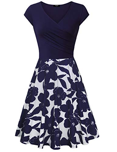 Lotusmile Dress for Women Elegant, Floral Patchwork Casual Dress A Line Cap Sleeve Sexy V Neck,Multcolor Blue Medium