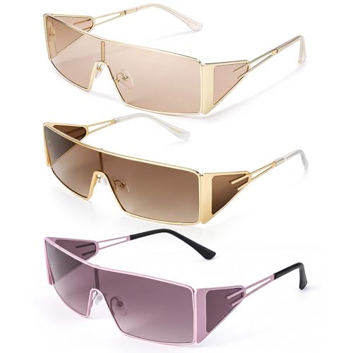 JATEBI Y2K Sunglasses for Women Men, 3 Pairs Oversized Rimless Star Sun Glasses 2000S Aesthetic Wrap Around Glasses Fashion Cool Shield Shades