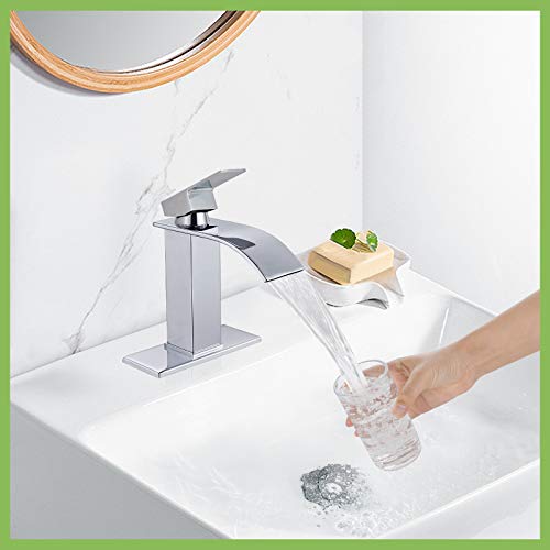 Waterfall Spout Bathroom Sink Faucet Polish Chrome Single Handle 1 Hole Deck Mount Basin Mixer Tap with Deck Plate Lavatory Vanity Sink Faucet Solid Brass Include Pop Up Drain with Overflow