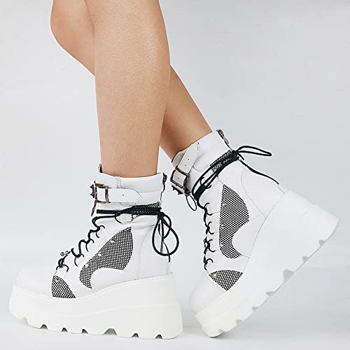 Tscoyuki Platform Ankle Boots for Women Chunky High Heel Booties Goth Round Toe Combat Boots Women Lace Up Motorcycle Wedges