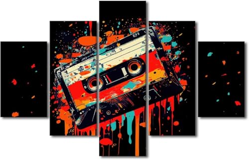 Quadri Moderni Nastro Musicale A Cassetta Retrò | Senza Cornice 200 X 100 Cm | 5 Pannelli Xxl Stampa Su Tela Moderno Arredamento Arredo Salotto Camera Da Letto Cucina Ufficio Sala -255456052382