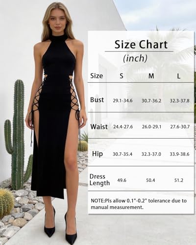 Image of Women Halter Neck Long Dress Sexy Cut Out Side Split Lace Up Straps Sleeveless Bodycon Maxi Dresses Cocktail Party Dress