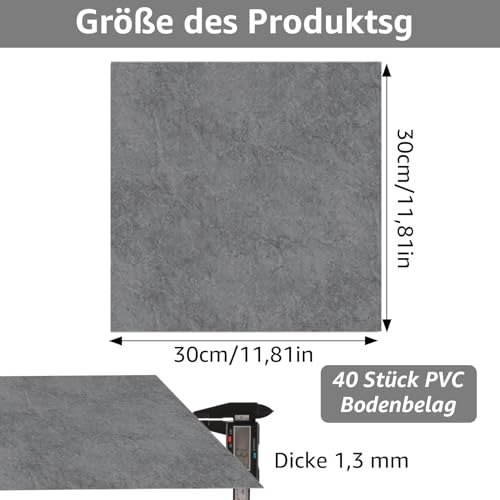 GBACHOOSE 40 Stück PVC Bodenbelag 30 x 30cm Klebefliesen, 3,6m² Vinylboden Selbstklebend Dicke 1,3 mm Laminat Selbstklebende Fliesen für Wohnzimmer, Küche, Schlafzimmer (Grau Marmor)