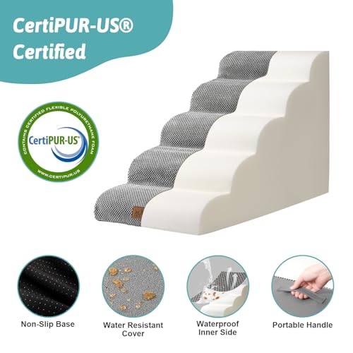 COZY KISS Hundetreppe für Kleine Hunde 57cm, Haustiertreppe für Hochbett aus Hochdichtem Schwamm, Hunde Treppe Hunderampe mit Waschbarem Bezug und Rutschfestem Boden, 40x84x57cm, 5 Stufen, Grau