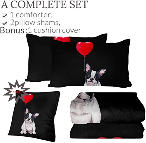Sleepwish Cute French Bulldog Comforter Set With 2 Pillow Covers 1 Cushion Cover Puppy With Red Balloon Bedding Sets 4 Piece Queen Size Reversible Comforter Quilt Bedspread #TOP2