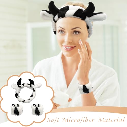ZOCONE 6 Pcs Cute Makeup Headband Set, Cow Ears Headband Face Wash Wristbands Elastic Skincare Headband, Animal Headband Cow Face Wash Headband for Women Creative Hair Accessories for Beauty Sports - Image 5