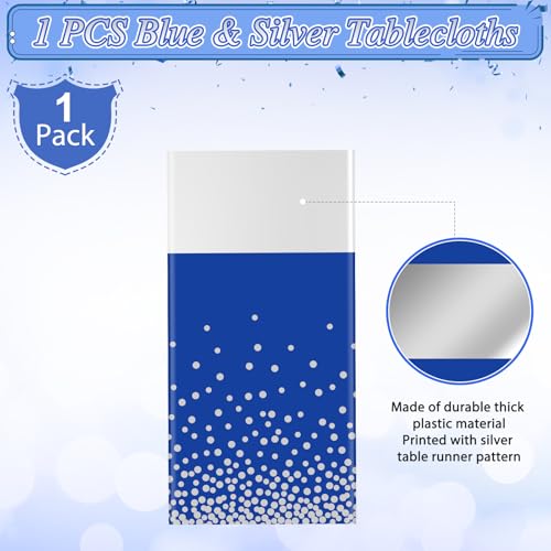 Image of 1Pcs Blue Silver Tablecloth Party Decorations,Plastic Royal Blue Table Cloth Printed Silver Table Runner Disposable Rectangle Tables Cover for Anniversary Wedding Graduation 2024 Party,54 x108 Inch