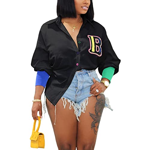 kaimimei Shirt Dress for Women Sexy-Color Block Letter Embroidery Button Down Long Sleeve Ribbed Cuff Club Blouse Mini Dress