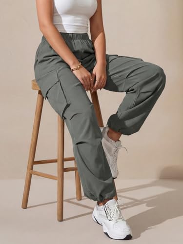Image of GRECIILOOKS High Waist Cotton Trousers for Women - Flared Parachute Pants with Side Pockets | Casual Travel Cargo Pants
