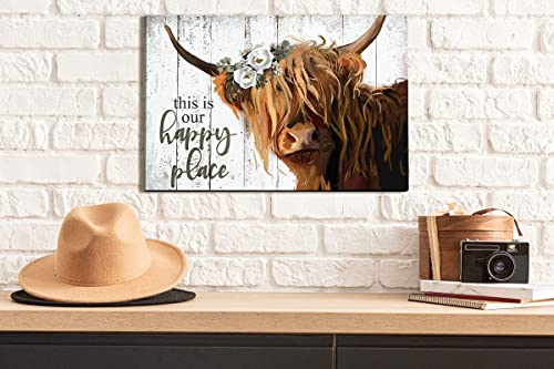 Highland Cow Wall Art - This Is Our Happy Place Inspirational Canvas Poster For Home - Long Haired Scottish Cow With White Flower Picture Farmhouse Kitchen Decor Framed (10"X15") #TOP4