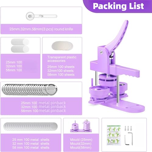 300pcs Button Pin Maker Machine Multiple Sizes 1''+1.25''+2.25'' Badge Button Press Machine W/Metal Pinback Button Refills & 3 Button Making Dies & 3pcs Circle Cutter - Pin Press Kit for DIY Button