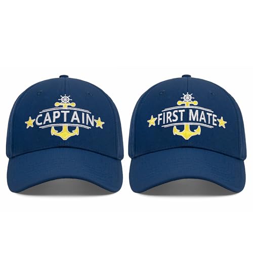 Image of Captain and First Mate Hat for Men Women, Cool Gifts for Boat Owners or Costume, White /Blue