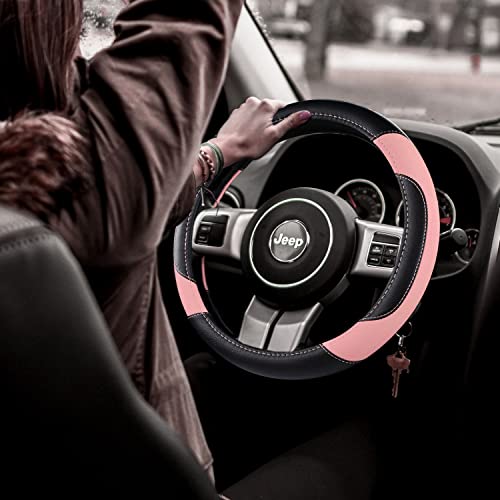 Image of Leather Car Steering Wheel Cover, Non-Slip Car Wheel Cover Protector Breathable Microfiber Leather Universal Fit for Most Cars(Pink)