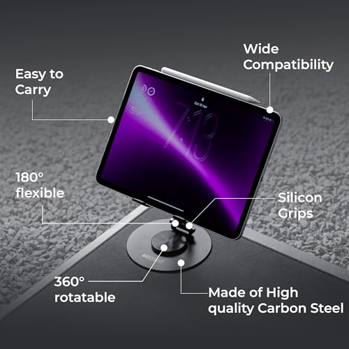 Image of MegaStro Tablet Stand | Heavy Duty |Carbon Steel, 360 Rotation, 180 Tilt | Foldable, Ergonomic Design | Universal Compatibility for iPad, Samsung, Lenovo, OnePlus & All 7-13 inch Tablets