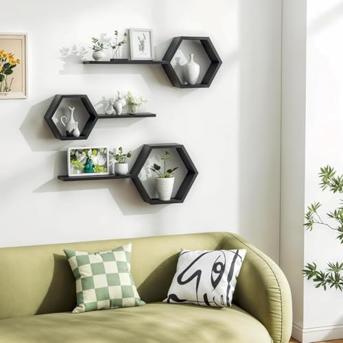 Image of Engineered Wood Woden Hexagonal Shape Wall Hanging Rack Floating Shelves for Display for Photos,Plants Living Room, Bedroom,Bathroom, Kitchen, Office (Black)