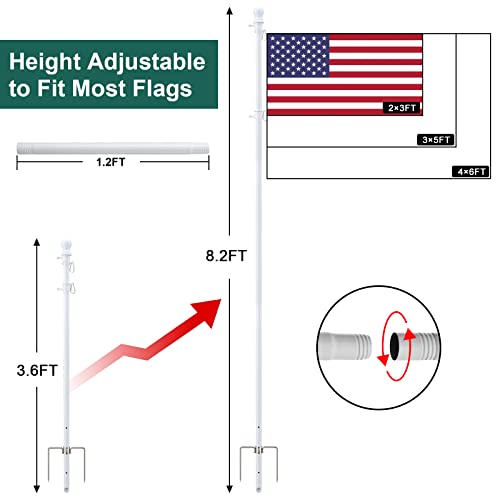 Barcetine Flag Poles For Outside House Inground - 1" Tangle Free Flag Pole Kit With 3X5 American Flag For Outdoor - 8.2 Ft Heavy Duty Yard Flagpoles Residential With 2 Stand Prongs - White #TOP5