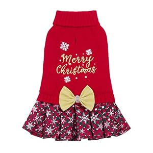 CuteBone Suéter navideño para perro, cuello alto, suéter para cachorros con corbatín y agujero para arnés de lazo, vestido de invierno para perros medianos DS53XXL